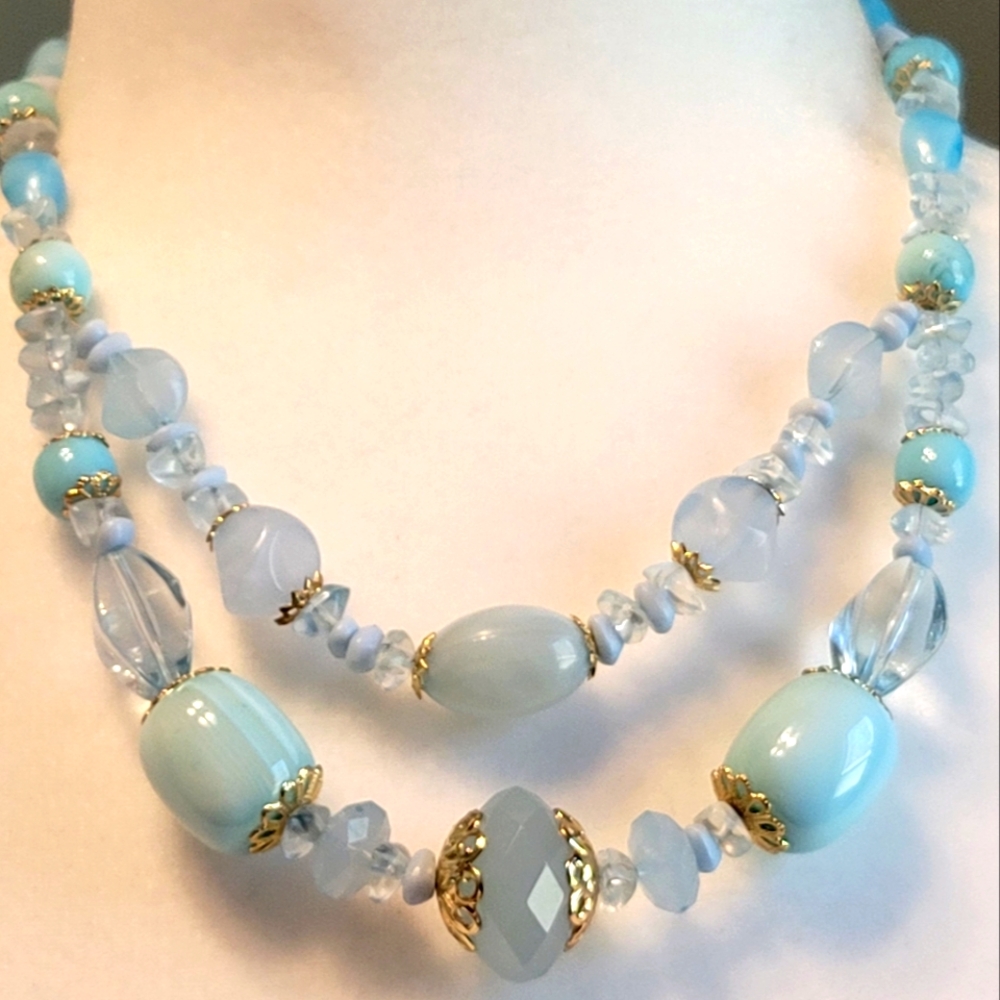 Blue Multi-Bead Necklace with Gold Tone Accents and Clasp
